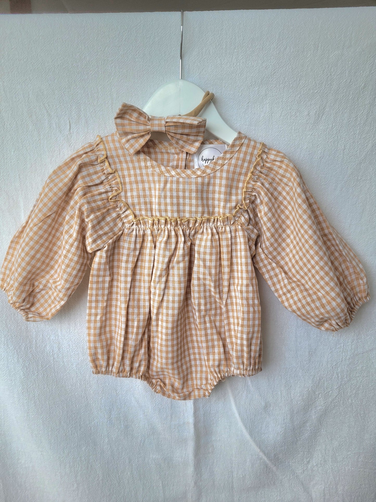 Longsleeve gingham romper with headband