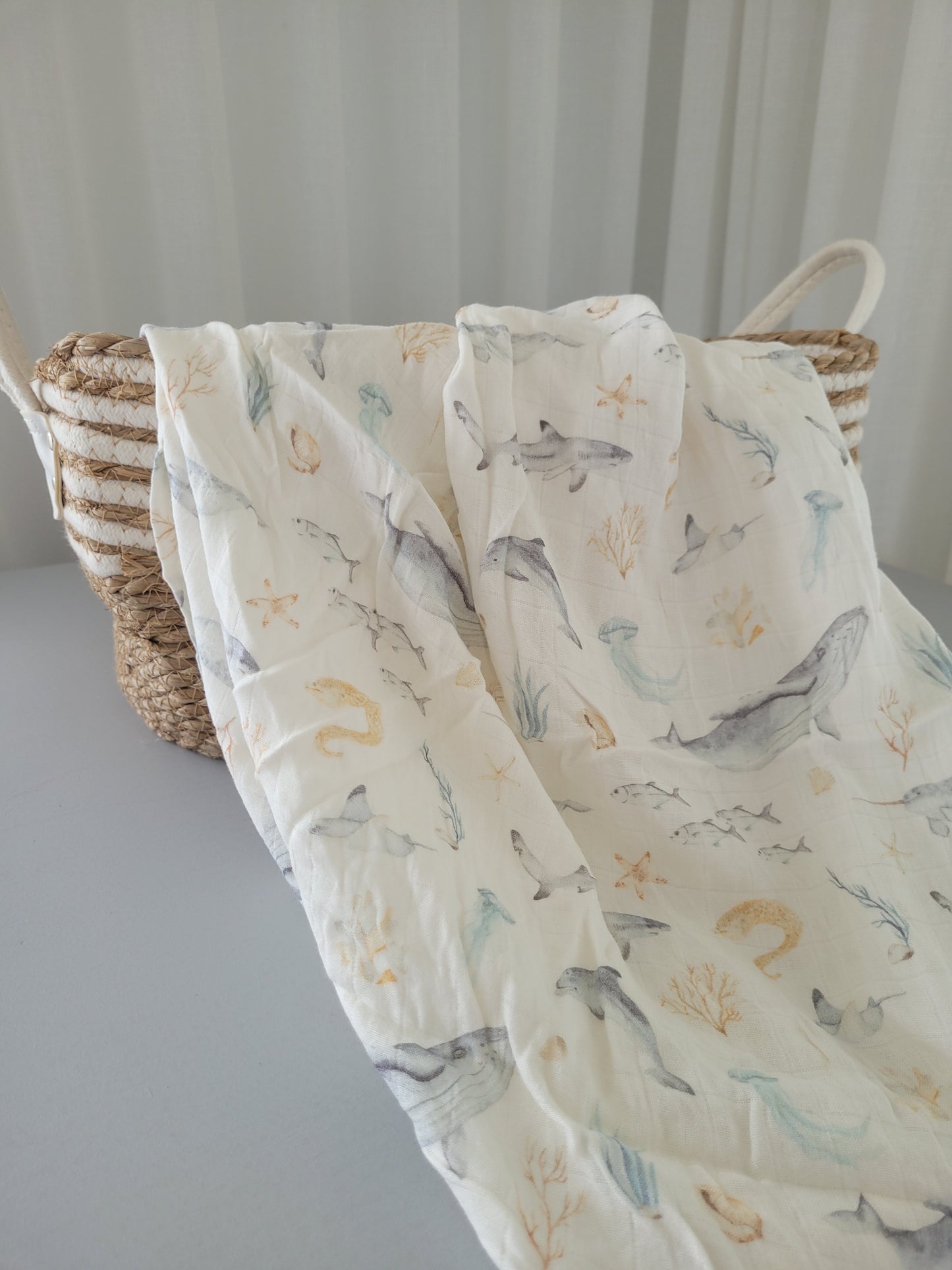 White sea animals swaddle bamboo/cotton