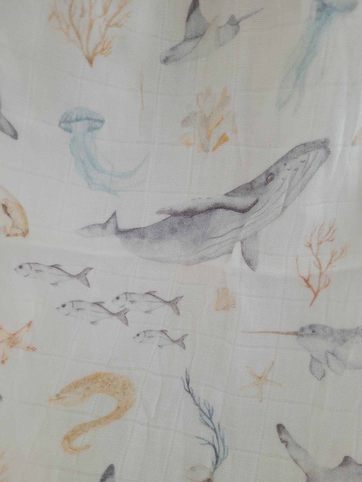 White sea animals swaddle bamboo/cotton