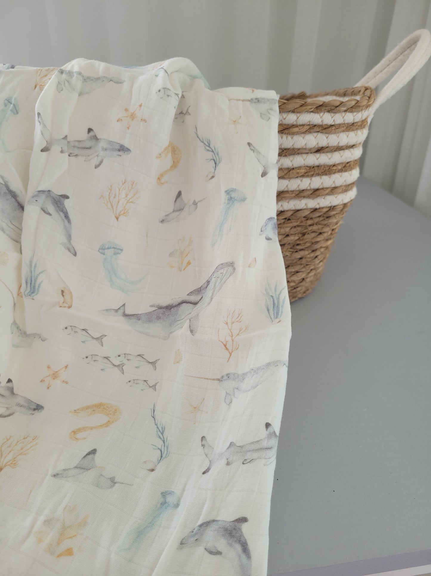 White sea animals swaddle bamboo/cotton