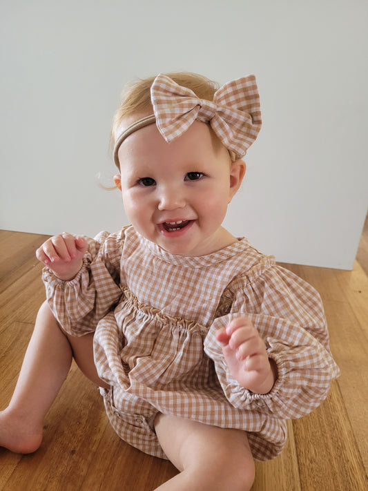 Longsleeve gingham romper with headband